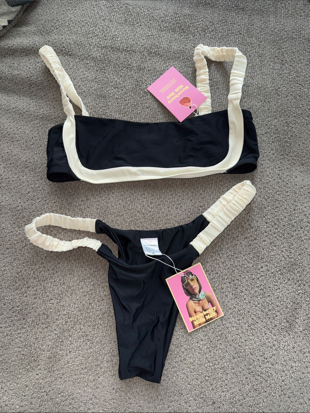 Strawberry Milk Mob Black and Cream Bandeau Bikini Set